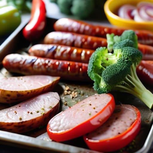 Sheet Pan Sausage and Veggies on tray.