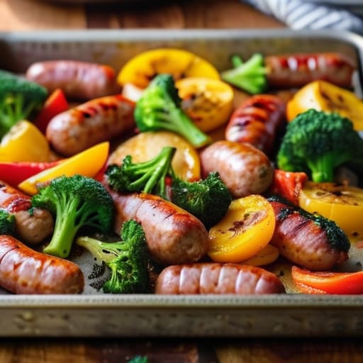 Sheet Pan Sausage and Veggies on tray.